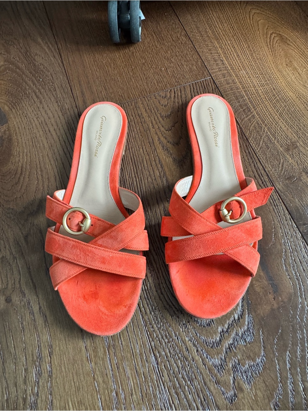 Gianvito Rossi Coral-Orange Suede Crisscross Slide Sandals